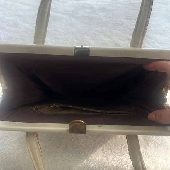 Vintage 1950’s Tapestry Carpet Bag Intricate Floral Pattern Needlepoint Handbag - Picture 8 of 15